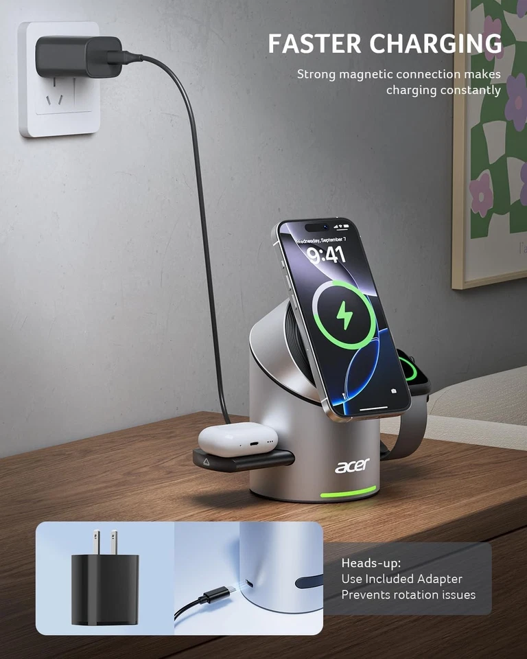 Acer 3 in 1 Qi2 15W iPhone Wireless Charging Station Magsafe Charger Stand  - Image 4 of 4