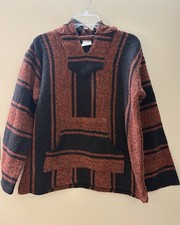 Sunspecs Baja Mexican Poncho Hoodie Mens Medium Black/Orange Pockets Long Sleeve