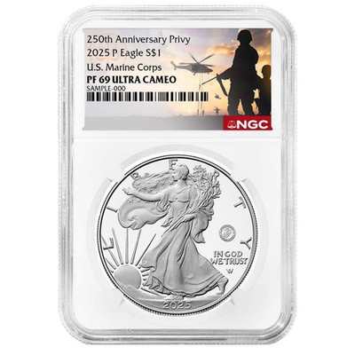 #ad 2025 P Proof $1 American Silver Eagle Marine Corps Privy NGC PF69UC Military $159.00