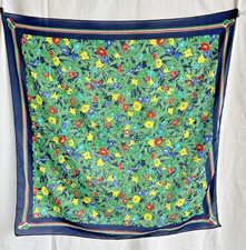 Vintage Womens Floral Scarf Green and Navy with Italian Heart Boarder 28" x29"