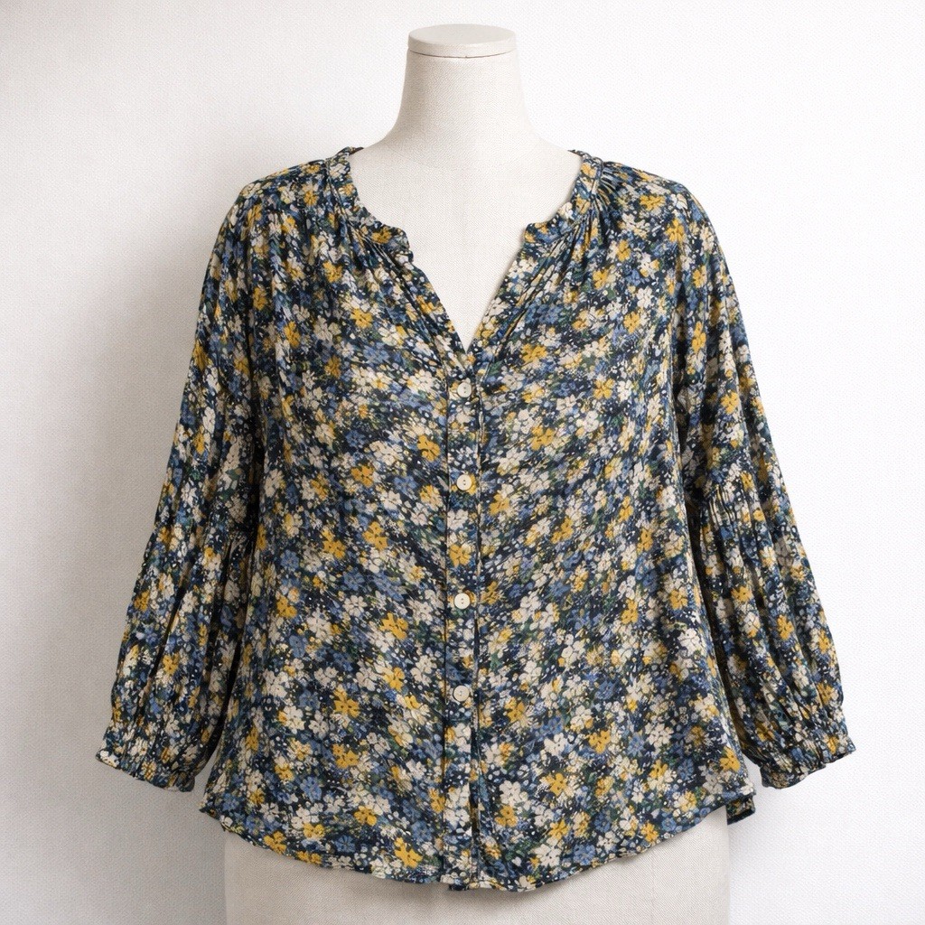 J. Jill 100% Rayon Blouse Sz L Navy Yellow Floral Button Blouse 3/4 Slv V-Neck