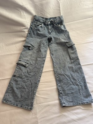 H&M Cargo Jeans Mädchen 158 Blau Strasssteine Cargohose Denim Kinder 012