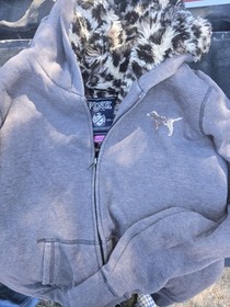 Leopard Faux Fur PINK VS Victoria's Secret Gray Zip Hoodie Jacket Sequin Sz SM.