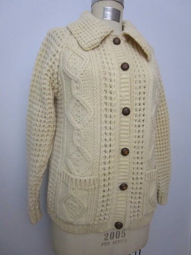 Vintage Irish Cardigan Chunky Fisherman Sweater Cable Pockets Leather Buttons, $62 - Photo 14
