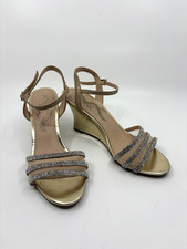 NINA Women's GOLD Wedge Sandals Rhinestone Straps Ankle Size 7 M 3 1/2" Heels