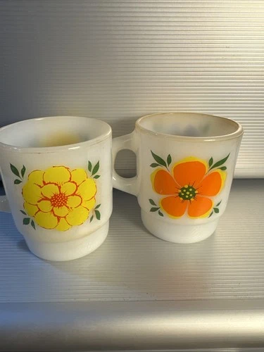 Vintage MCM Anchor Hocking Fire-King Milk Glass Floral Mugs Orange Yellow