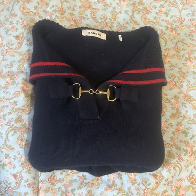 Sandro Navy Pullover Sweater M 100% Wool Gold Hardware Striped Collar V-Neck