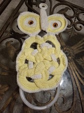 Vtg 70s Owl Towel Holder Wall Hanging Handmade Crochet Shiny Eyes Boho Hippie