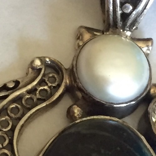 Vtg Sterling Green Spinach Turquoise Baroque Pearl & Citrine Pendent Necklace - Picture 5 of 12
