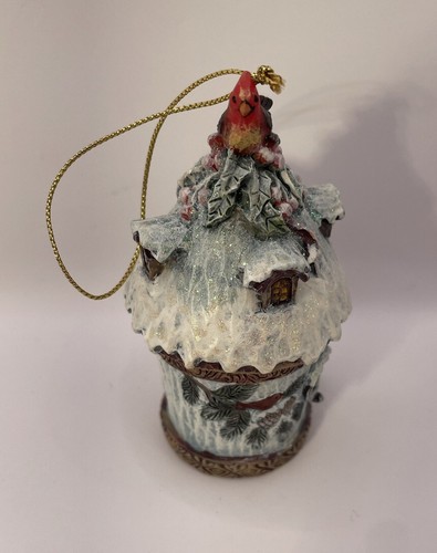 Cardinal On Snow Glitter Covered Birdhouse Holiday Christmas Resin Ornament