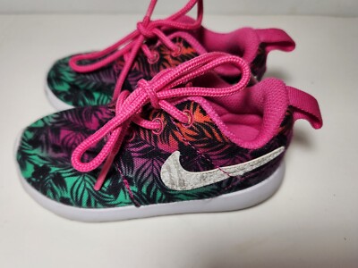 Nike Baby Girls Roshe Run Sneaker Athletic Pink Green Palm Tree