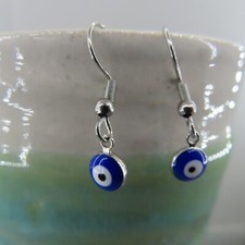 EVIL EYE Charm Dangle Earrings Silver Tone Protection Minimalist Blue White New