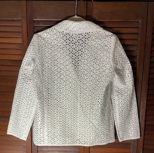 SUSAN GRAVER STYLE White Silver Metallic Eyelet Jacket Wedding Blazer Linen XS - Picture 2 of 4