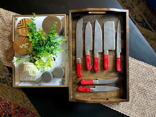 Hand forged Damascus steel chef set kitchen knives 7 pieces with chopper/cleaver - Picture 5 of 8
