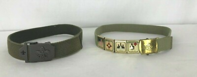 LOT OF 2  Boy Scout Belts 32'' S/M  1 Vintage with merit Badges and Brass Buckle