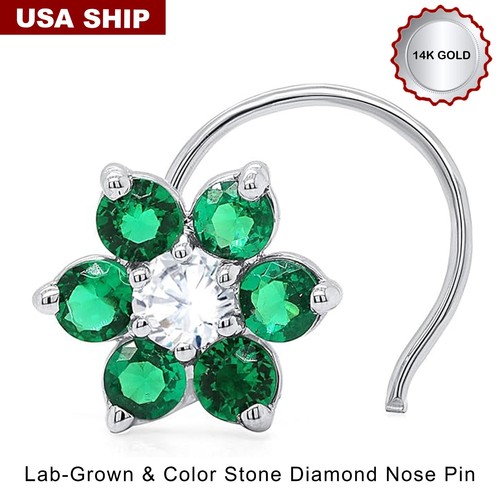 0.16Ct Lab-Grown Diamond Flower Stud Nose Pin Piercing For Women 14K White Gold - Imagen 4 de 12