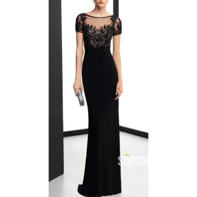 David Meister Long Sheath Black Applique Illusion Beaded Gown, sz 2, Intricate