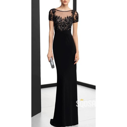 David Meister Long Sheath Black Applique Illusion Beaded Gown, sz 2, Intricate