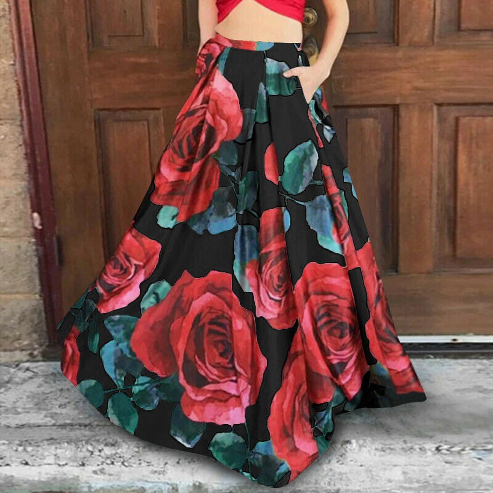 Women Bohemian Floral Baggy Skirt High Waist Party Holiday Beach Long ...