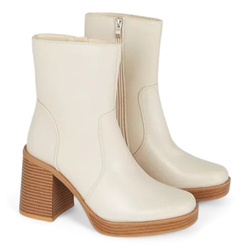 Ladies Heeled Ankle Boots Cream Zip Up Vegan Leather Womens Block Heel Size 3-8 - Picture 7 of 16