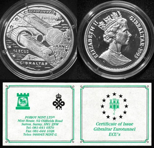Gibraltar 14 Ecu Silver Proof 1993 Eurotunnel Official ECU Issue w/CoA B987