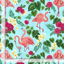 Flamingos Tropical Flowers Fabric Aqua Cotton Timeless Treasures CD2118 By Yard