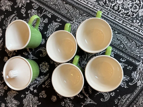 USA Pottery Vintage 4 Green Teacups,  Creamer, and  Lidded Sugar Bowl Coffee Set