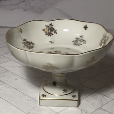 Limoges France Hand Painted Gold Flowers Serving Vintage Bowl w Handle P te De