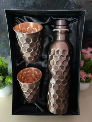 AWF Copper Water Bottle for Drinking Water 34 fl oz with set of 2 Tumblers - HHA - Picture 1 of 5
