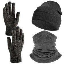 Winter Beanie Hat Neck Warmer Gaiter Touchscreen Glove Set Cold 0, Grey