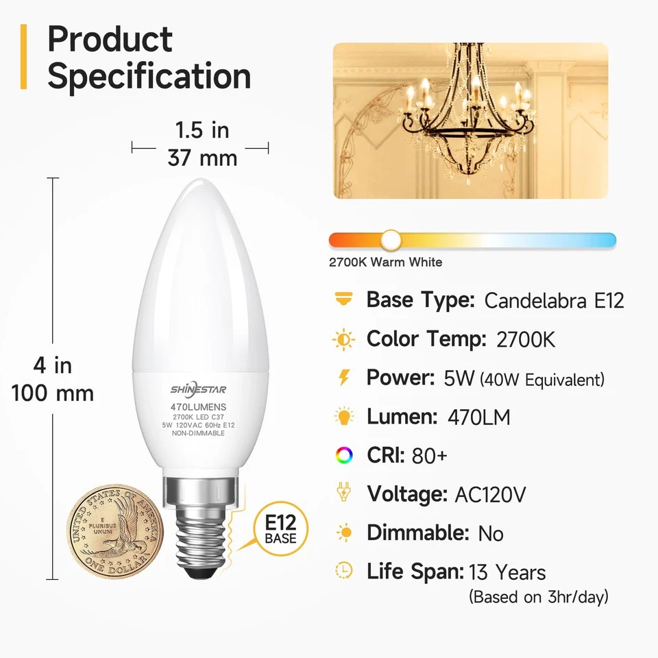 12 Pack LED Candelabra B11 C37 Bulb 5W 40W Replacement E12 Base 120V 2700K Warm - Image 3 of 4