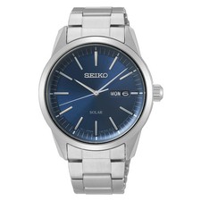 SEIKO Solar SNE525P1 Blue Dial Day Date Display Stainless Steel 100M Men Watch