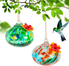 2 Pcs Blown Glass Hummingbird Feeder for Outdoors Hanging, Ant Bee Resistant W