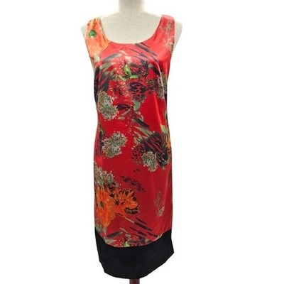 J.Peterman Sleeveless Satin Floral Sheath Dress Orange & Black Multicolo 