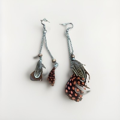 Feather And Bead Silver Earrings