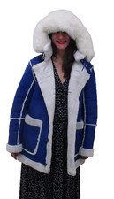 Jordan Craig Coat Womens Small Blue Faux Leather Hooded Fur Trim Shearling Parka