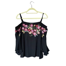 INC International Concepts Sz M Black Embroidered Floral Boho Off Shoulder Top