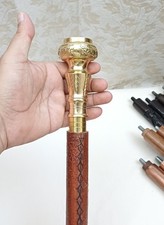 Brass Compass Handle Walking Stick Wood Shaft Leather Covered Decorative Cane