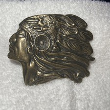 Vintage 1970s Brass Indian Head Motorcycle Belt Buckle 3 1/4" Wide 2