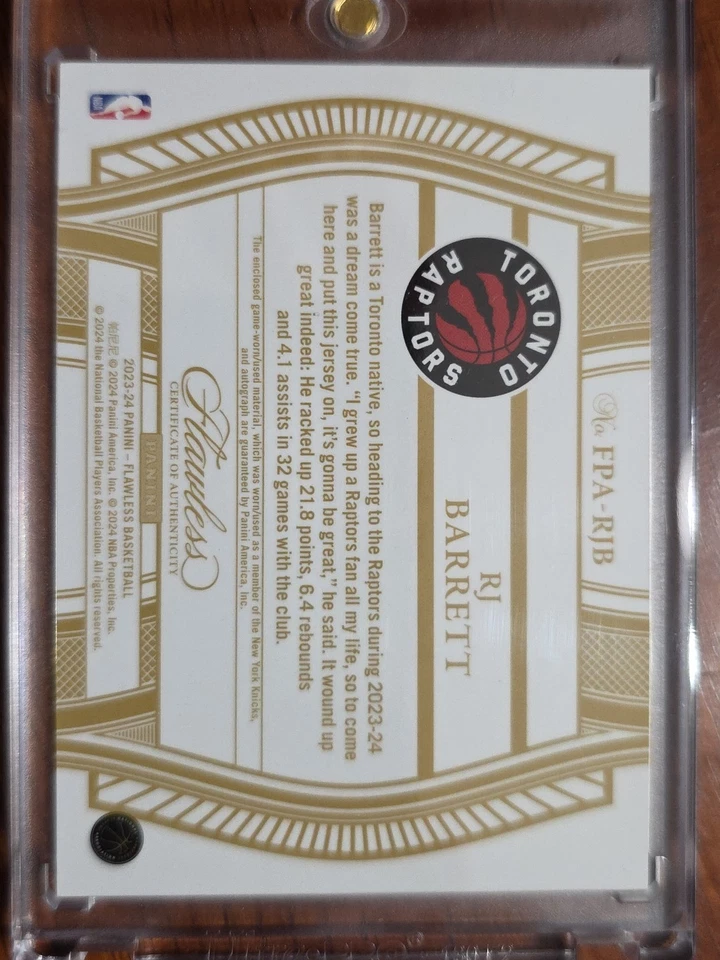 2023-24 Panini Flawless RJ Barrett FPA-RJB Gold /10 Game Worn Patch/On Card Auto - Image 2 of 3