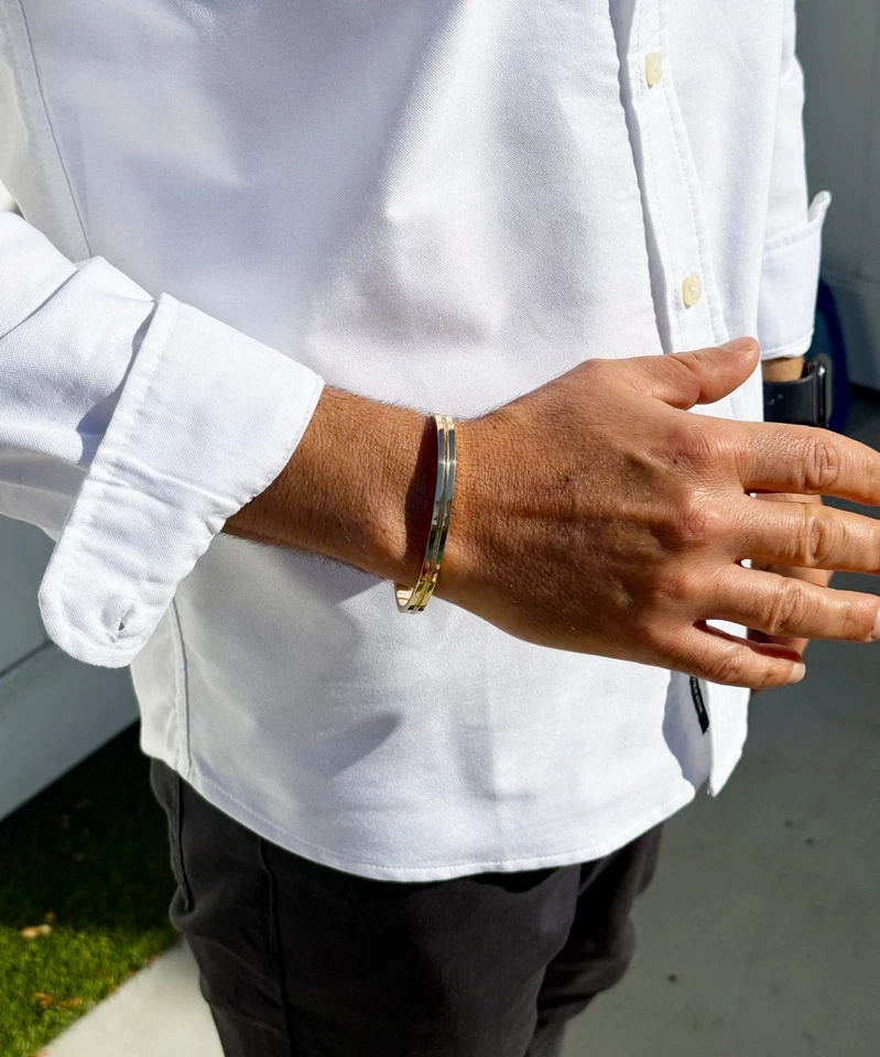 Cuff Bangle 6mm Width Taper Up Solid Heavy 14K 18K White Yellow Rose Gold Men's - Image 3 of 4