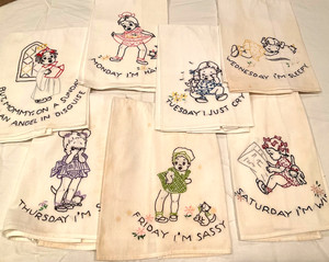 Vintage Embroidered Child's "Days of the Week  Flour Sack Towels