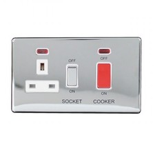 Screwless Polished Chrome Cooker Control Unit 2 Gang 45A Switch 13A Socket Neon