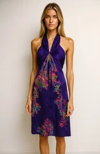 Halston Heritage Women's Silk Dress Size 4 Twist Front Halter Midi Floral Blue