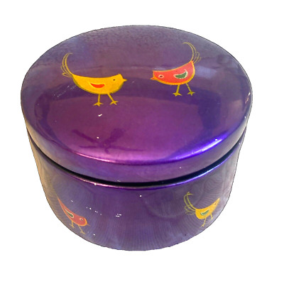 Lacquer Purple 5 Coaster Set in Box w/ Painted Birds Drink Barware