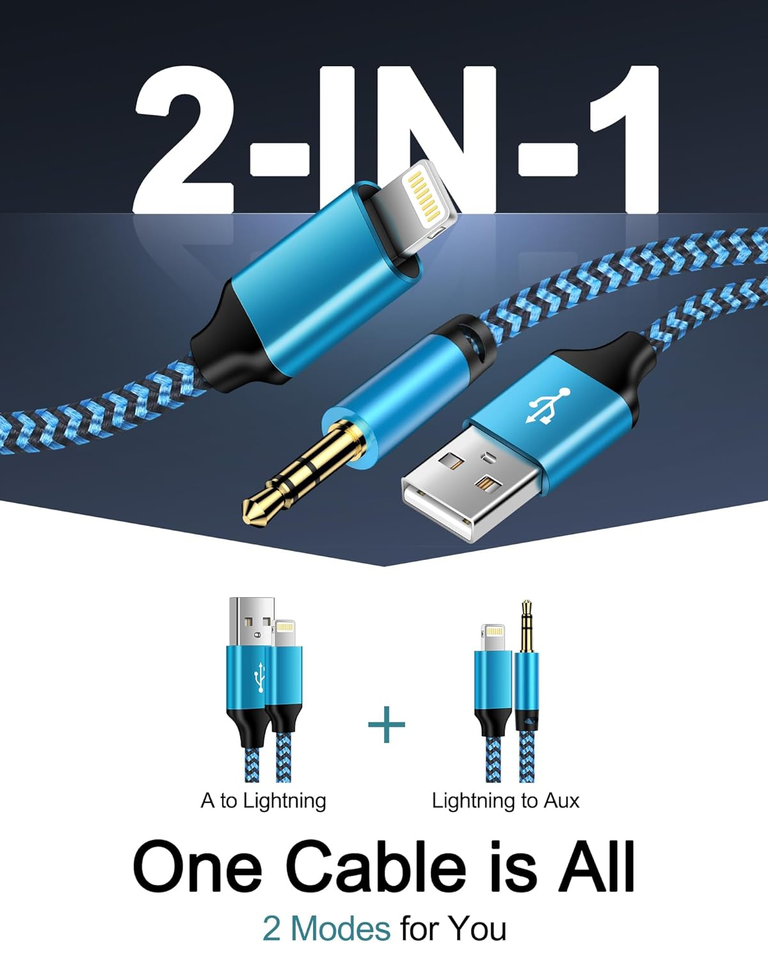 Car Aux Cord for Iphone, Lightning to 3.5Mm Male Audio 2In1 MFI