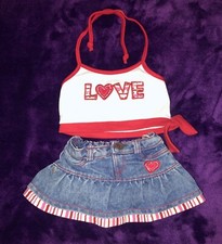 Build a Bear BABW Red White LOVE Heart Halter Top Shirt Denim Skirt Outfit
