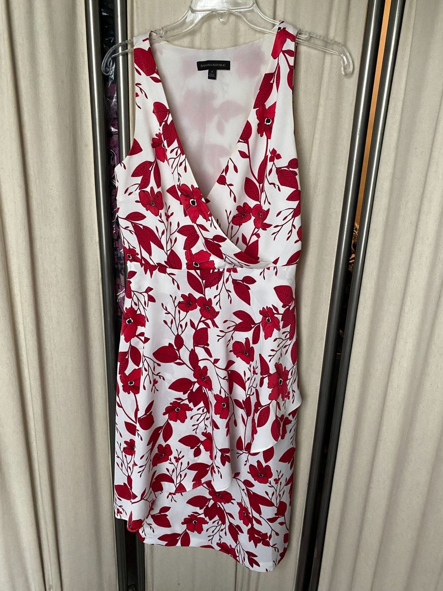 banana republic red and white dress EUC Banana Republic Floral FauxWrap Dress Midi Size 4 Beautiful Red/White