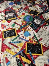 NEW!  TEACHER ITEMS, CRAYONS , RULERS, SLATE BOARD FABRIC-1 YD  X  30" W