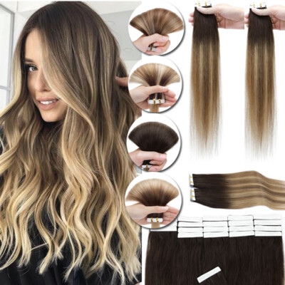 Balayage Tape In Real Remy Human Hair Extensions Skin Weft Full Head 200G Thick